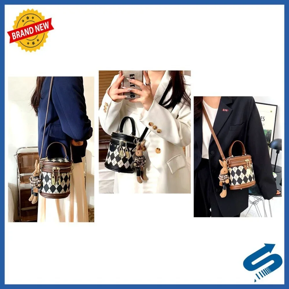 Small Quilted Faux Leather Satchel Crossbody Bag with Bunny Pendant